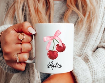 Personalized Cherry Mug, Pink Bow, Coquette Preppy Mug