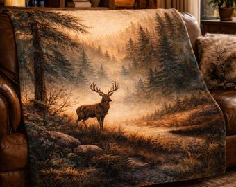 Hutdeken herten, worp bos, decor rustieke lodge, gezellige fluwelen deken, geschenk natuurhut, worp bos herten