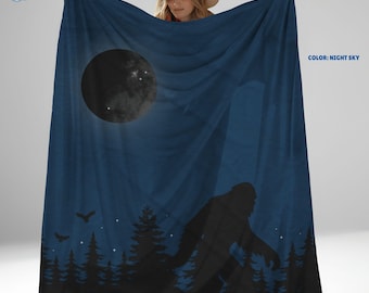 Bigfoot Moon Blanket, Sasquatch Decor, Cryptid Cozy Fleece Throw
