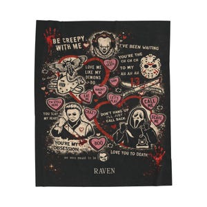 Personalized horror Valentine blanket with gothic spooky love design, custom name velveteen throw blanket in black, romantic horror gift for couples