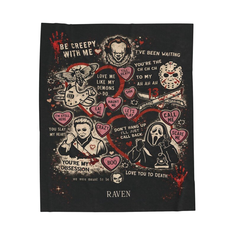 Personalized horror Valentine blanket with gothic spooky love design, custom name velveteen throw blanket in black, romantic horror gift for couples