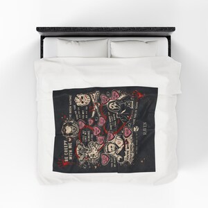 50x60 personalized horror movie blanket folded on a white bed, spooky Valentine throw with creepy romantic sayings and slasher-inspired artwork, custom name black velveteen blanket, gothic gift for horror fans, scary movie lover bedroom decor, medium size cozy throw.