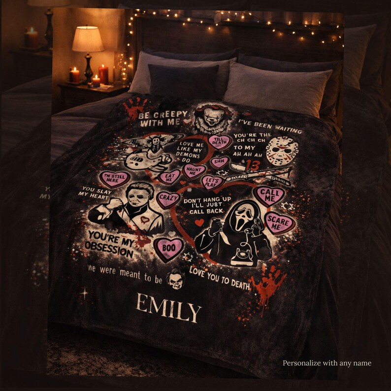 Personalized horror movie blanket with name, spooky Valentine throw featuring creepy romantic sayings, slasher-inspired design, cozy black velveteen blanket displayed on a bed, gothic gift for horror lovers, scary movie fan bedding, unique personalized Halloween style blanket.