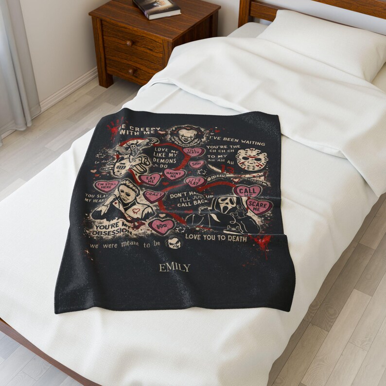 Manta de terror personalizada, regalo de San Valentín con nombre personalizado, manta gótica de amor espeluznante, manta de terror para San Valentín, manta "Te amo hasta la muerte" imagen 5