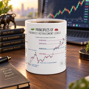 May include: A white ceramic mug featuring the text Principles of Fibonacci Retracements Levels, a stock market candlestick chart, and instructional labels. The design includes a green bull icon, a red bear icon, and various percentage markers.