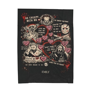 Personalized horror blanket draped over couch in cozy living room, gothic spooky Valentine design with custom name, black velveteen throw styled with candle and coffee