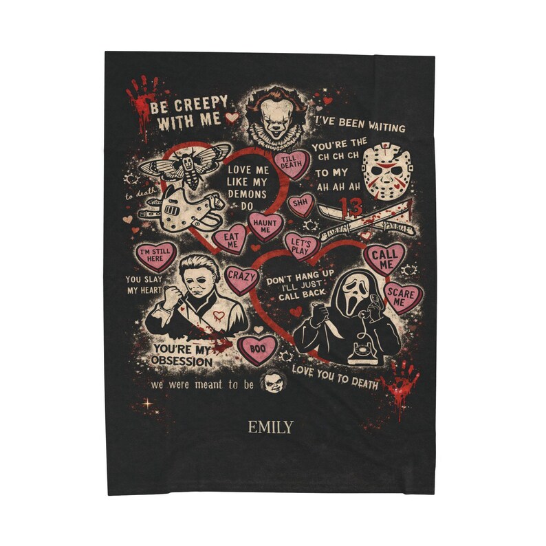 Personalized horror blanket draped over couch in cozy living room, gothic spooky Valentine design with custom name, black velveteen throw styled with candle and coffee