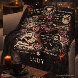 Personalized horror movie blanket draped over a cozy couch, spooky Valentine throw with creepy love quotes and slasher-inspired artwork, black velveteen blanket customized with a name, gothic gift for horror fans, scary movie themed home decor for couples.