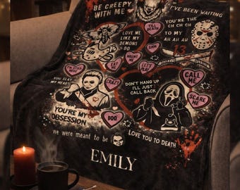Personalized Horror Blanket, Custom Name Valentine Gift, Spooky Gothic Love Blanket, Horror Valentine Throw, Love You To Death Blanket