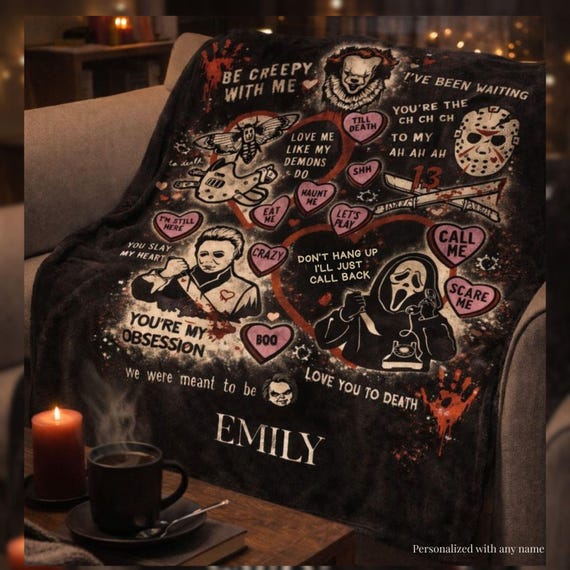 Personalized Horror Blanket, Custom Name Valentine Gift, Spooky Gothic Love Blanket, Horror Valentine Throw, Love You To Death Blanket