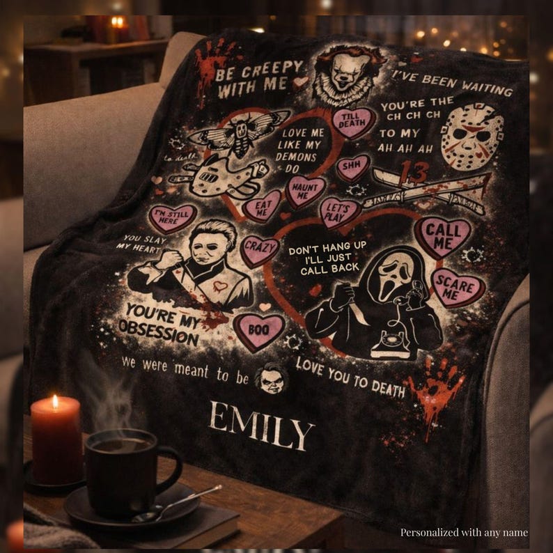 Personalized horror movie blanket draped over a cozy couch, spooky Valentine throw with creepy love quotes and slasher-inspired artwork, black velveteen blanket customized with a name, gothic gift for horror fans, scary movie themed home decor for couples.