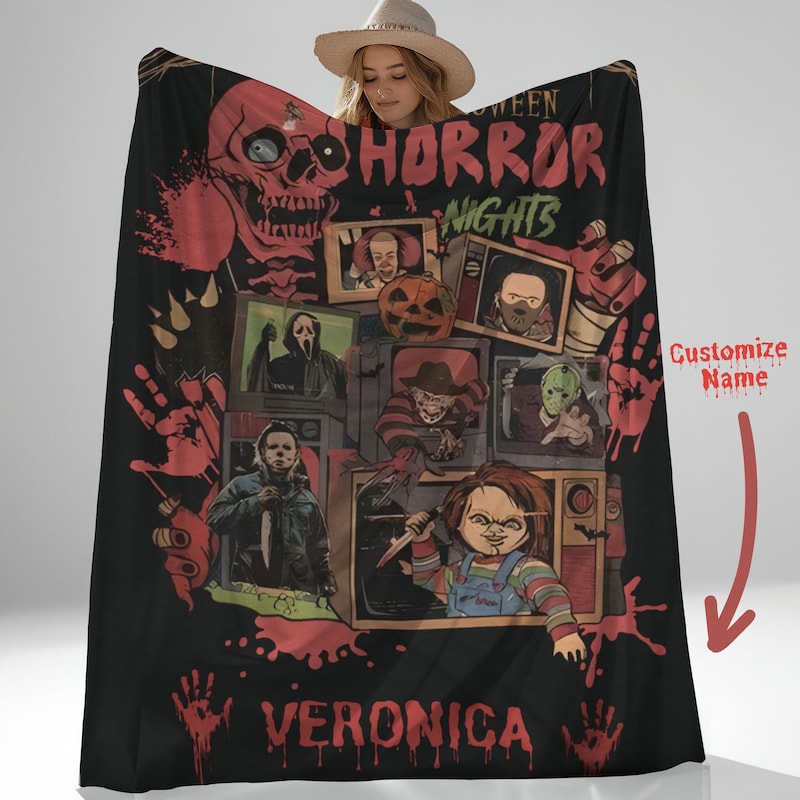 😱Free Personalization😱 Personalized Horror Movie Blanket, Custom Scary Movie Blanket, Horror Movie lover, Halloween Blanket, Slasher Movie, Girlfriend Gift