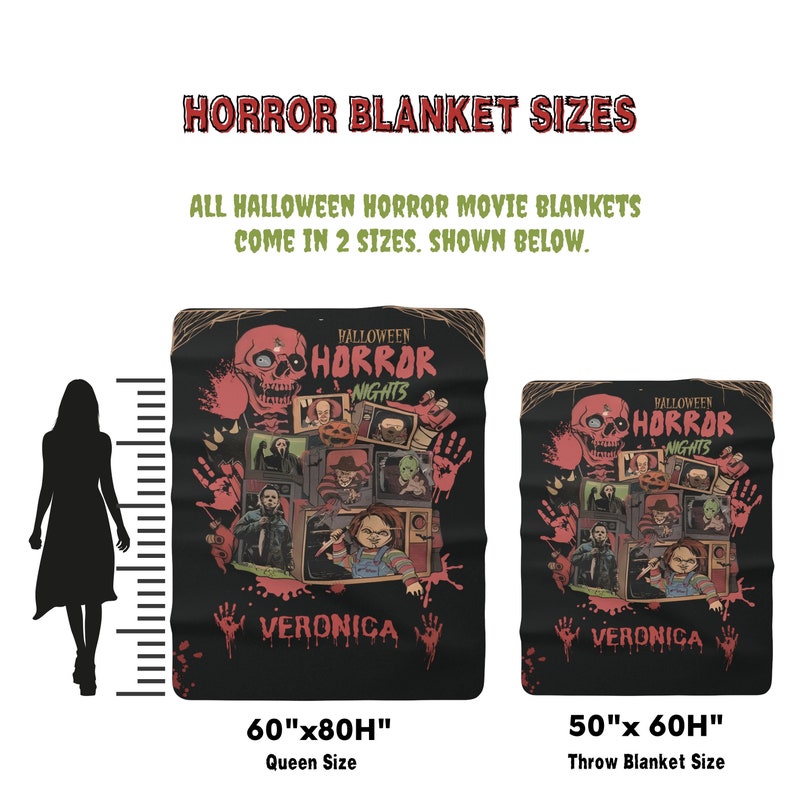 May include: Two Halloween horror movie blankets with a black background and red and white graphic designs. The larger blanket is 60 inches by 80 inches and the smaller blanket is 50 inches by 60 inches. The blankets feature a skull, a pumpkin, and various horror movie characters. The text "Halloween Horror Nights" is printed on both blankets.