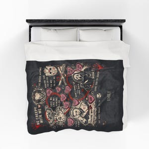 60x80 personalized horror blanket displayed on a white bed, spooky custom name velveteen throw with creepy love quotes, gothic gift for scary movie fans, large cozy horror themed bedding.