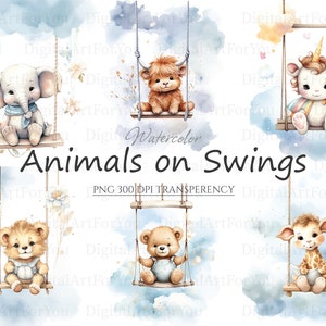 Può includere: Illustrazione ad acquerello con sei adorabili animali sulle altalene. L'immagine include un elefante, una mucca delle Highlands, un unicorno, un leone, un orsacchiotto e una giraffa. Il testo "Animals on Swings" è visualizzato al centro.