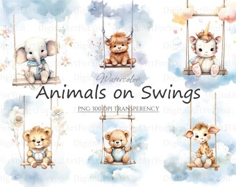 Baby Animals on Swings in Clouds 20pc PNG & SVG | Safari Animals Clipart | Transparent Background |Commercial |Nursery Animals Printable Art