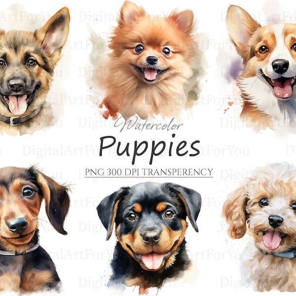 Dog 20pc PNG Watercolor Clipart, Cute Crossbreed Breeds, Puppies Bundle PNG, Puppy Clipart, Cute Dogs Clipart, Commercial Use, Design Bundle