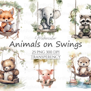 Baby Animals on Swings 25pc PNG, JPEG & SVG | Clipart | Baby Animals Transparent Background | Commercial Use | Nursery Animals Printable Art