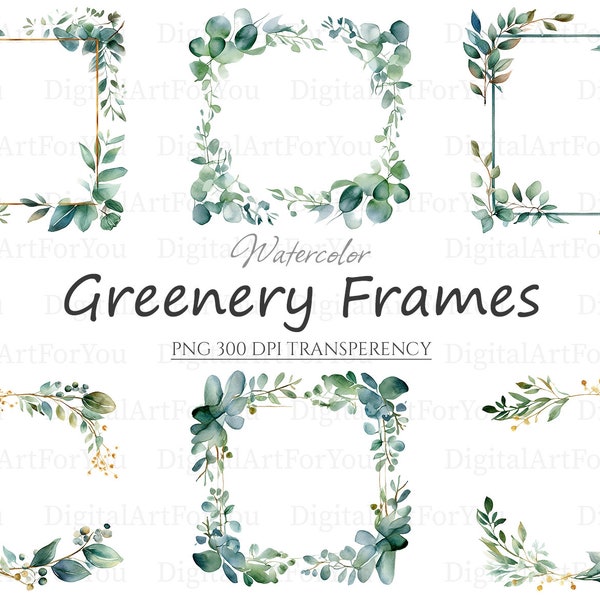 Watercolor Greenery Frames Borders 20pc PNG Clipart | Greenery Bundle Clipart | Botanical Clipart | Watercolor Clipart | Foliage Clipart