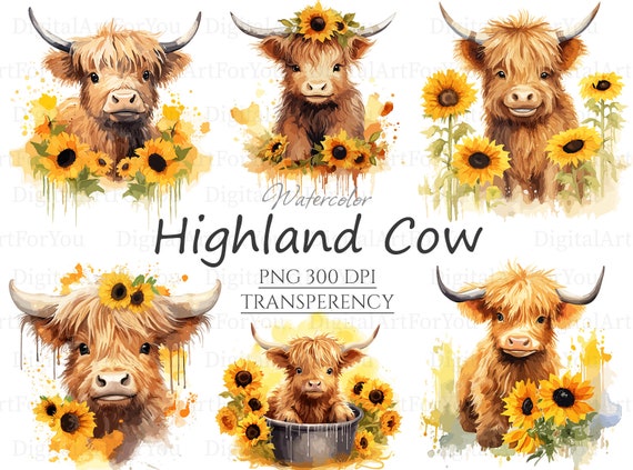 Highland Cow with Sunflowers Watercolor PNG for (2532107)