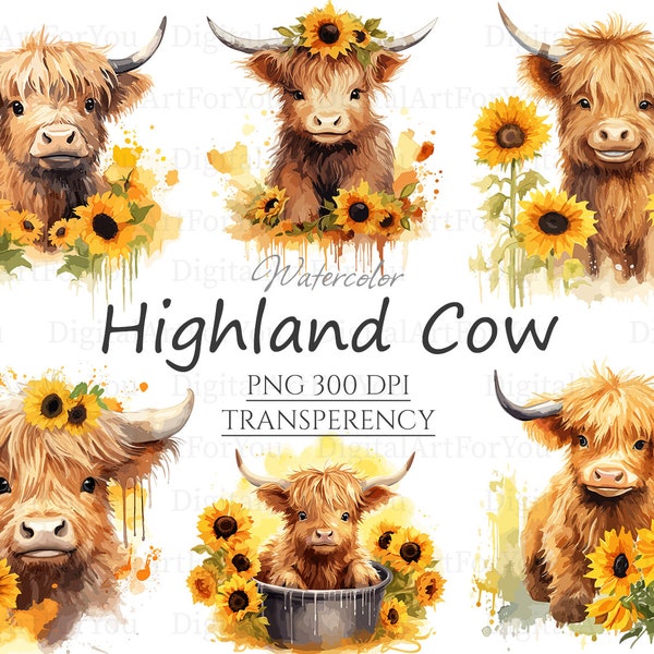 Sunflower Highland Cow 20pc PNG & SVG | Sunflower Clipart PNG | Floral Highland Cow | Baby Highland Cow | Printable Clipart | Commercial Use