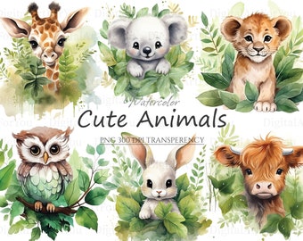 Bébés animaux dans des feuilles PNG et SVG, 28 pièces | Clipart animaux de safari | Fond transparent | Utilisation commerciale | Art imprimable animaux de la pépinière