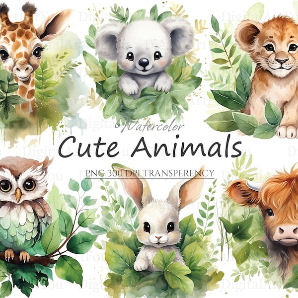 Baby Tiere in Blättern 28 Stück PNG und SVG | Safari Tiere Clipart | Transparenter Hintergrund | Kommerzielle Nutzung | Kinderzimmer Tiere druckbare Kunst