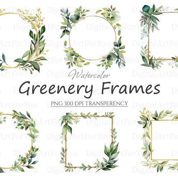 Watercolor Greenery Frames Borders 20pc PNG Clipart | Greenery Bundle Clipart | Botanical Clipart | Watercolor Clipart | Foliage Clipart