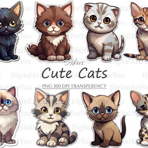 Clipart de gato fofo 25 unidades PNG e SVG | Raças de gatos | Confecção de cartões | Arte para impressão | Adesivos Digitais | Fundo Transparente | Uso comercial