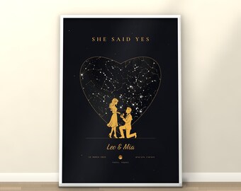 Sterrenkaart met de tekst "She Said Yes", alle formaten inbegrepen, print van de nachtelijke hemel tijdens het aanzoek, gepersonaliseerd verlovingscadeau, de nacht dat hij het aanzoek deed, digitale download