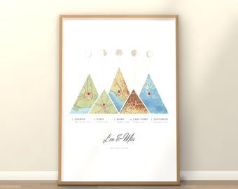 Carte de montagne personnalisée, Carte de nos aventures, Cadeau de voyage avec les phases de la lune, Cadeau d'anniversaire de couple, Toutes tailles, Téléchargement numérique