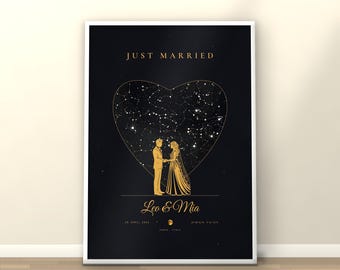 Plattegrond met de tekst "Just Married", plattegrond van de trouwlocatie, gepersonaliseerd huwelijksgeschenk, bruid en bruidegroom, papieren jubileumcadeau, digitale download