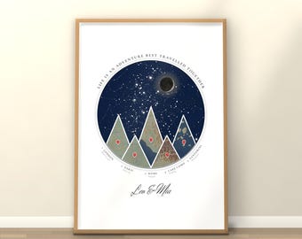 Carte du ciel personnalisée avec montagnes, impression « Nos aventures », cadeau carte du ciel nocturne, cadeau de voyage pour couples, anniversaire, téléchargement numérique