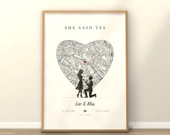 "Ze zei ja" print, alle formaten inbegrepen, gepersonaliseerd aanzoekkaart cadeau, persoonlijk verlovingscadeau, waar hij het aanzoek deed, digitale download