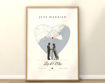 Just Married Map Print, Wedding Venue Map, Personalised Wedding Gift, Bride and Groom, Paper Anniversary Gift, Digital Download