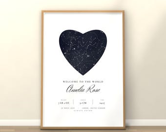 Baby Birth Stats Print, All Sizes Included, Star Map Nursery Wall Art, Personalised New Baby Gift, Birth Announcement, Digital Download