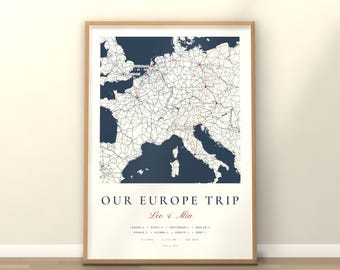 Gepersonaliseerde reisplattegrond, routekaart op maat, huwelijksreisgeschenk, roadtripkaart, poster met onze avonturen, alle formaten, digitale download