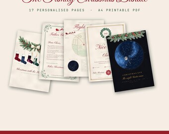 Kit de Noël personnalisé pour toute la famille : lettre du Père Noël, liste des enfants sages, jeux de Noël, marque-places, carte du ciel à imprimer (format PDF A4).