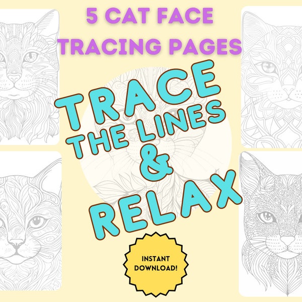 Adult tracing pages, traceable coloring pages for relaxation, cat mandala, stress relief, anxiety relief, art therapy, grayscale