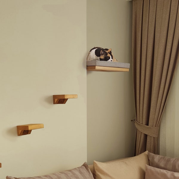 Handmade Wood Wall Shelves, Soft Cat Furniture & Beds - Including Floating Cat Shelf amd  Shelves for Wall - Ideal gift for Cat Moms!
