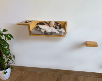 Wooden Wall Shelf Cat Bed Feeding Shelf, Floating Bracket, Pillow and Cushions Included. Shades of Walnut, Oak, Pine, Brown, Beige and Gray