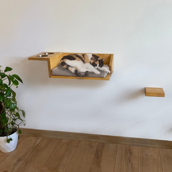 Wooden Wall Shelf Cat Bed Feeding Shelf, Floating Bracket, Pillow and Cushions Included. Shades of Walnut, Oak, Pine, Brown, Beige and Gray