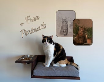 Cat Feeding Shelf with Floating Shelves and Dish Wood Stand Personalized Free Portrait Multifunctional Food Rack Do it Yourself Valentine's