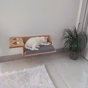 Wooden Wall Shelf Cat Bed Feeding Shelf, Floating Bracket, Pillow and Cushions Included. Shades of Walnut, Oak, Pine, Brown, Beige and Gray