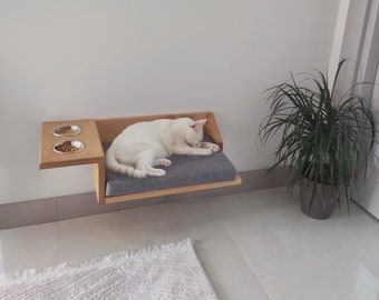 Wooden Wall Shelf Cat Bed Feeding Shelf, Floating Bracket, Pillow and Cushions Included. Shades of Walnut, Oak, Pine, Brown, Beige and Gray