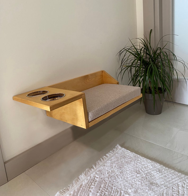 Wooden Wall Shelf Cat Bed Feeding Shelf, Floating Bracket, Pillow and Cushions Included. Shades