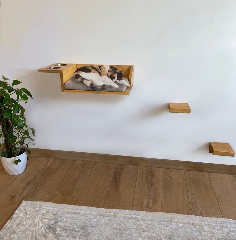 Wooden Wall Shelf Cat Bed Feeding Shelf Floating Bracket Etsy