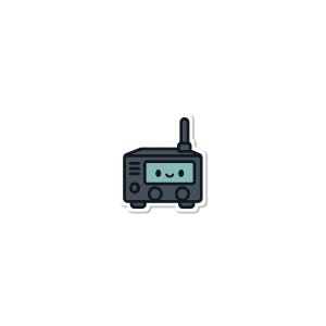 May include: A sticker of a cartoon walkie-talkie in shades of gray and black. The walkie-talkie has a small antenna and a screen with a smiling face. The sticker is outlined in white.