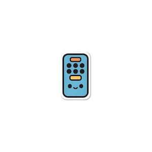Op de afbeelding: Een blauwe sticker met een cartoon afstandsbediening met een lachend gezicht. De afstandsbediening heeft oranje en zwarte knoppen. De sticker heeft een witte rand en staat tegen een witte achtergrond.