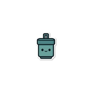 May include: A teal sticker of a cartoon trash can with a smiling face. The trash can has a rectangular body, a lid with a handle, and a white border. The design is simple and cute, perfect for decorating.